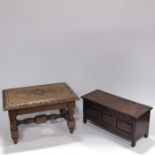 A carved oak footstool and a miniature three panel