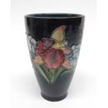 A Moorcroft pottery orchid beaker, blue glazed groun