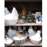 A collection of moulded glass chicken dishes, toge