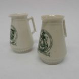 Two Belleek cream jugs, green transfer printed de