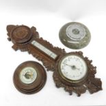 Three aneroid barometers, including oak banjo and