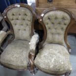 A Victorian walnut grandfather and grandmother chair