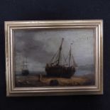 A 19th century oil on board, depicting ships