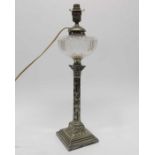 A Victorian silver plate and cut glass table lamp,