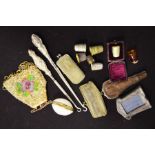 Assorted metalware, including a miniature silver mounted frame, sequinned purse