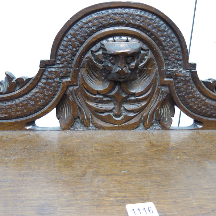 An antique oak bench, carved mask back and bobbin - Image 2 of 2