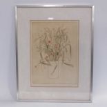 A collection of framed prints, including Jane Wagn