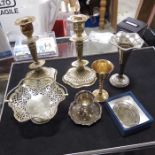 A small silver tray, a pair of candlesticks and ot
