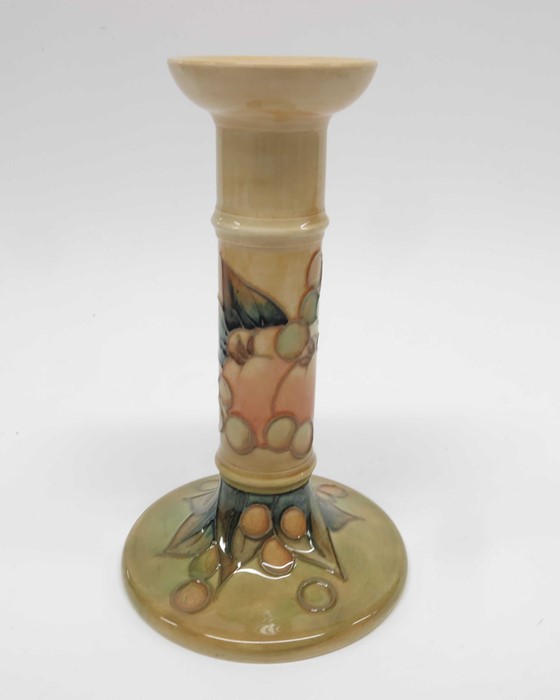 Walter Moorcroft Finches on ochre candlestick, imp