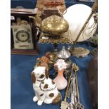 A brass trivet, a brass kettle, plated teapot, a S