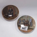 Two Prattware pot lids, titled On Guard and Dr Joh