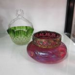 A Kralik style iridescent ruby glass posy bowl, squ