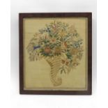 A Victorian silk embroidered pole screen cornucopi