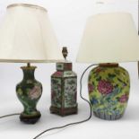 An octagonal Famille Rose lamp base, and two other