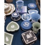 Wedgwood Jasperware, to include pin dishes, vases