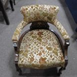 A Victorian rosewood and marquetry inlaid upholstered armchair