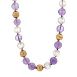 A rock crystal and amethyst bead necklace, with textured gold spherical spacers