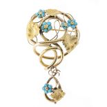 A late Victorian gold, turquoise floral openwork brooch