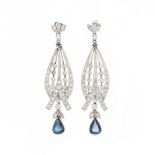 A pair of mid 20th century gold, sapphire and diamond foliate drop earrings