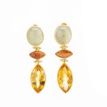 A pair of 18ct gold chrysoberyl, sunstone and citrine drop earrings