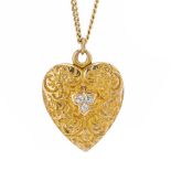 A late Victorian gold, old-cut diamond foliate engraved heart-shape locket pendant, with chain