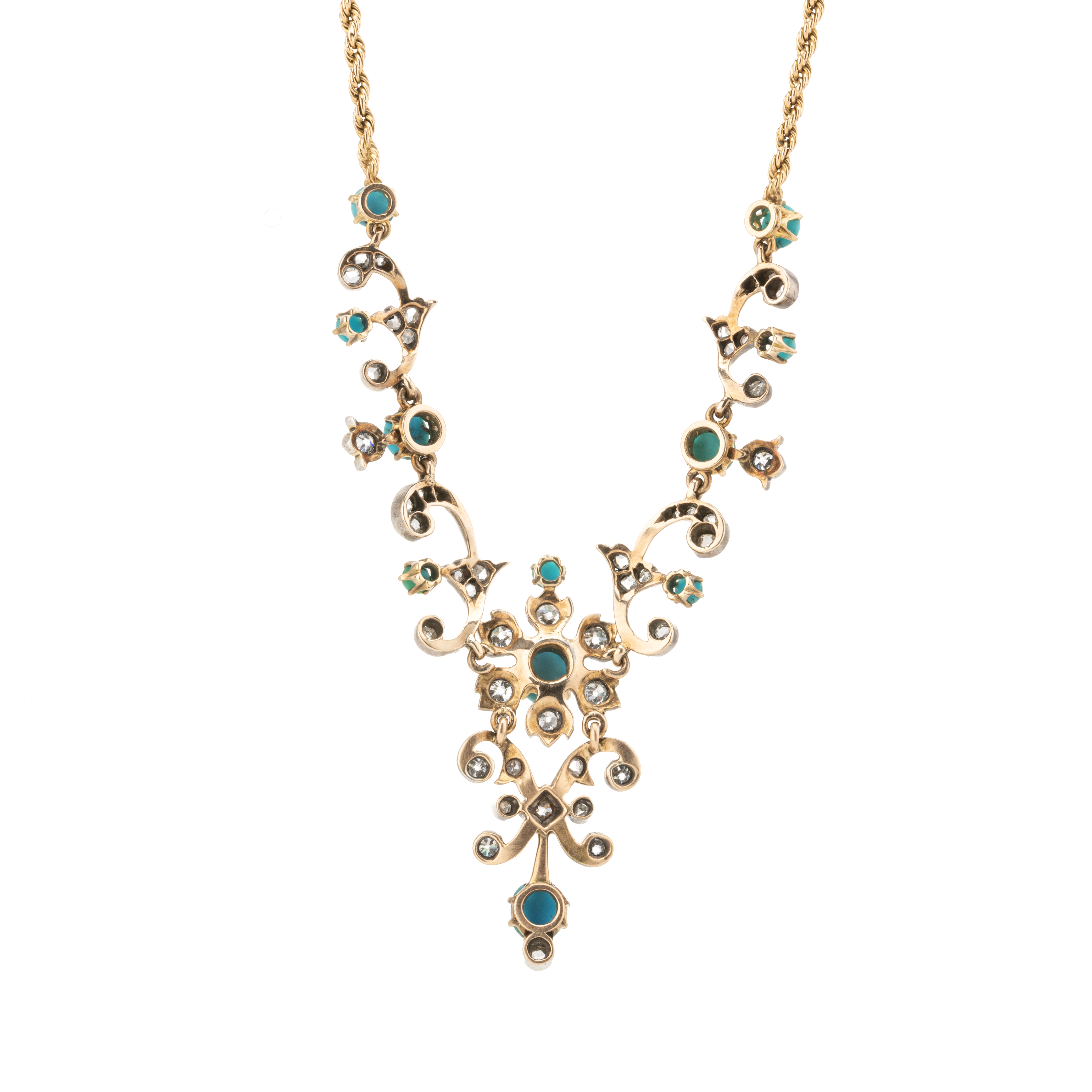 A late Victorian gold and silver, turquoise and diamond floral necklace - Image 3 of 3