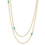 An early 20th century 9ct gold turquoise longuard necklace