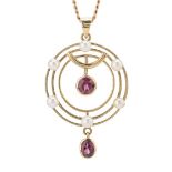 A 9ct gold garnet and cultured pearl openwork necklace