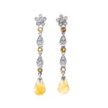 A pair of 18ct gold citrine and diamond drop earrings