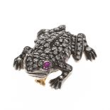 A late Victorian silver and gold, pave-set diamond and ruby frog brooch