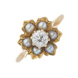 An Edwardian 18ct gold diamond and pearl floral cluster ring
