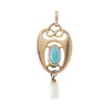 Henry Matthews, an Art Nouveau 9ct gold turquoise and pearl pendant