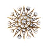 A late Victorian gold, diamond and split pearl star pendant/ brooch