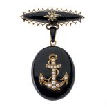 A late Victorian gold, split pearl onyx and enamel anchor locket pendant and brooch