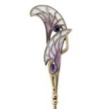 Levinger & Bissinger, a Jugendstil silver, amethyst and plique-a-jour enamel hatpin