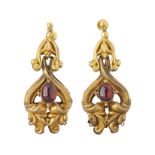 A pair of early Victorian gold, garnet foliate repousse drop earrings