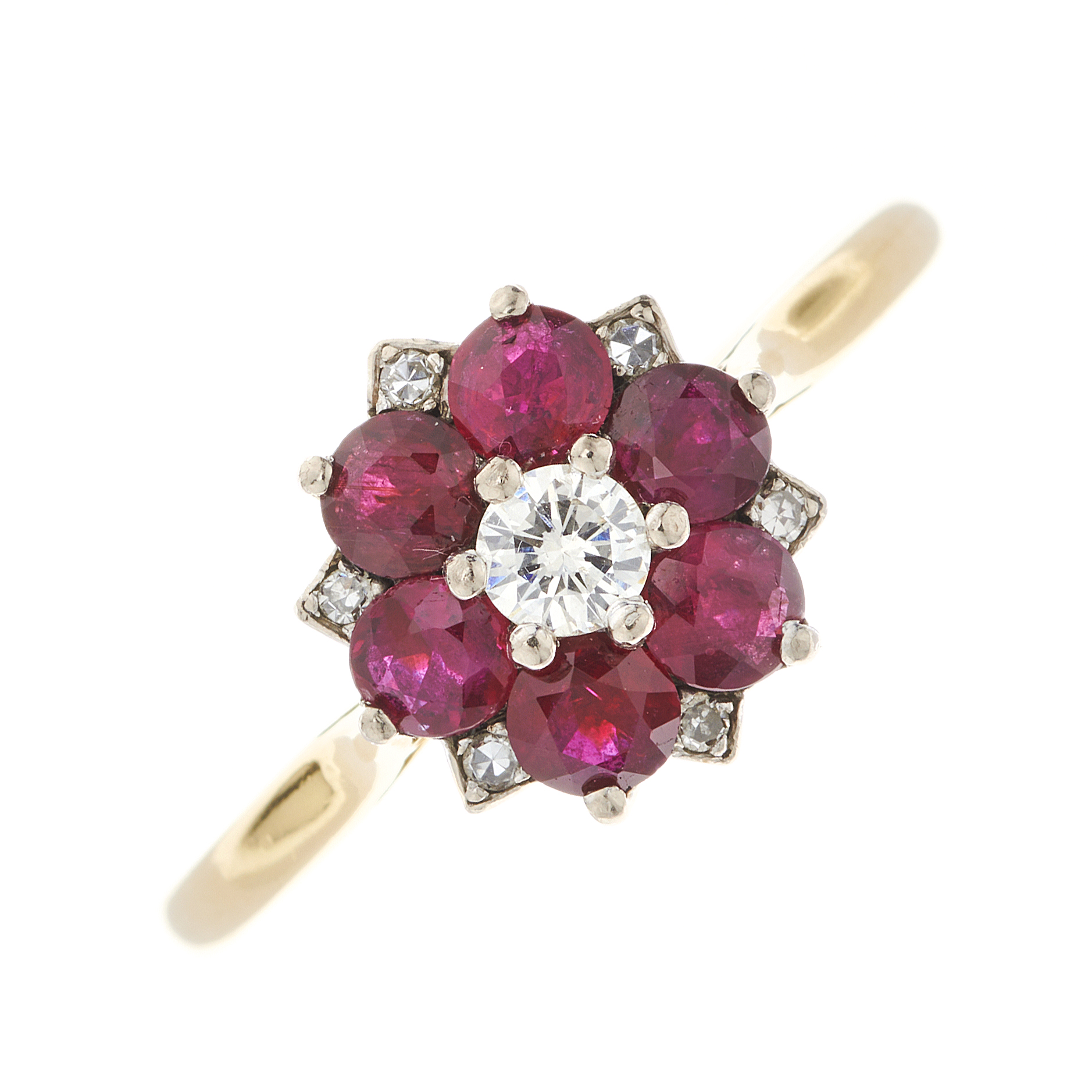 A mid 20th century 18ct gold diamond and ruby floral cluster ring