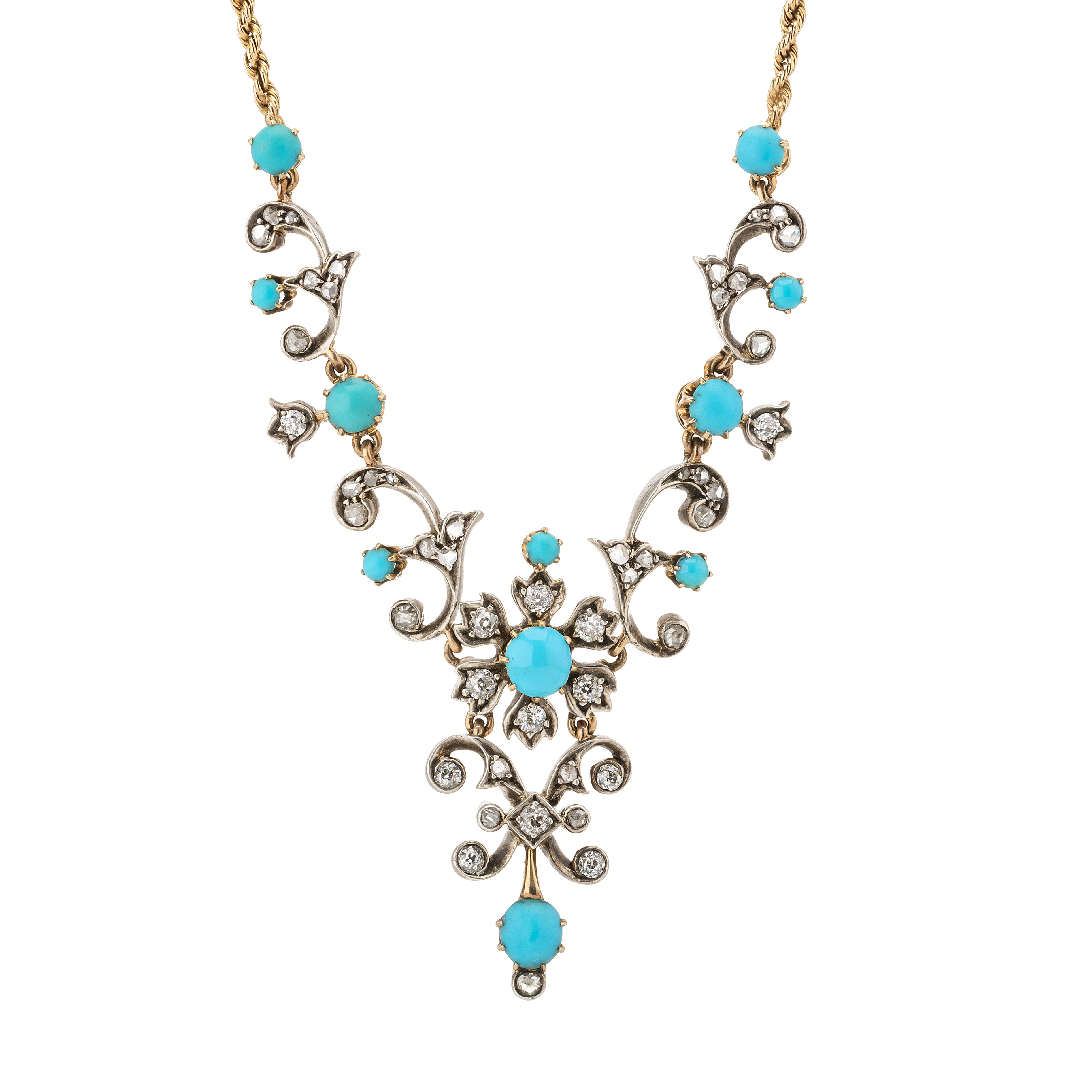 A late Victorian gold and silver, turquoise and diamond floral necklace