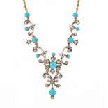 A late Victorian gold and silver, turquoise and diamond floral necklace