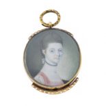 A Georgian gold portrait miniature pendant, depicting a lady in pink and white robe