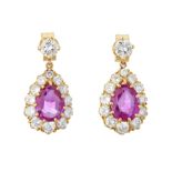 A pair of Burmese ruby and diamond cluster drop earrings