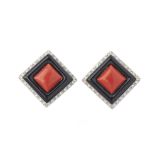 A pair of 18ct gold coral, onyx and diamond geometric earrings