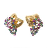 Boucheron, a pair of 18ct gold diamond, ruby, sapphire and emerald foliate clip earrings