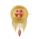 A late Victorian Etruscan Revival 18ct gold coral brooch