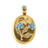 A late Victorian gold, turquoise and diamond floral locket pendant