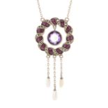 Meyle & Mayer, a Jugendstil silver, enamel, amethyst, marcasite and pearl necklace