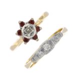 Two mid 20th century 18ct gold diamond and garnet rings