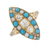 A late Victorian gold, old-cut diamond, turquoise and split pearl marquise-shape dress ring