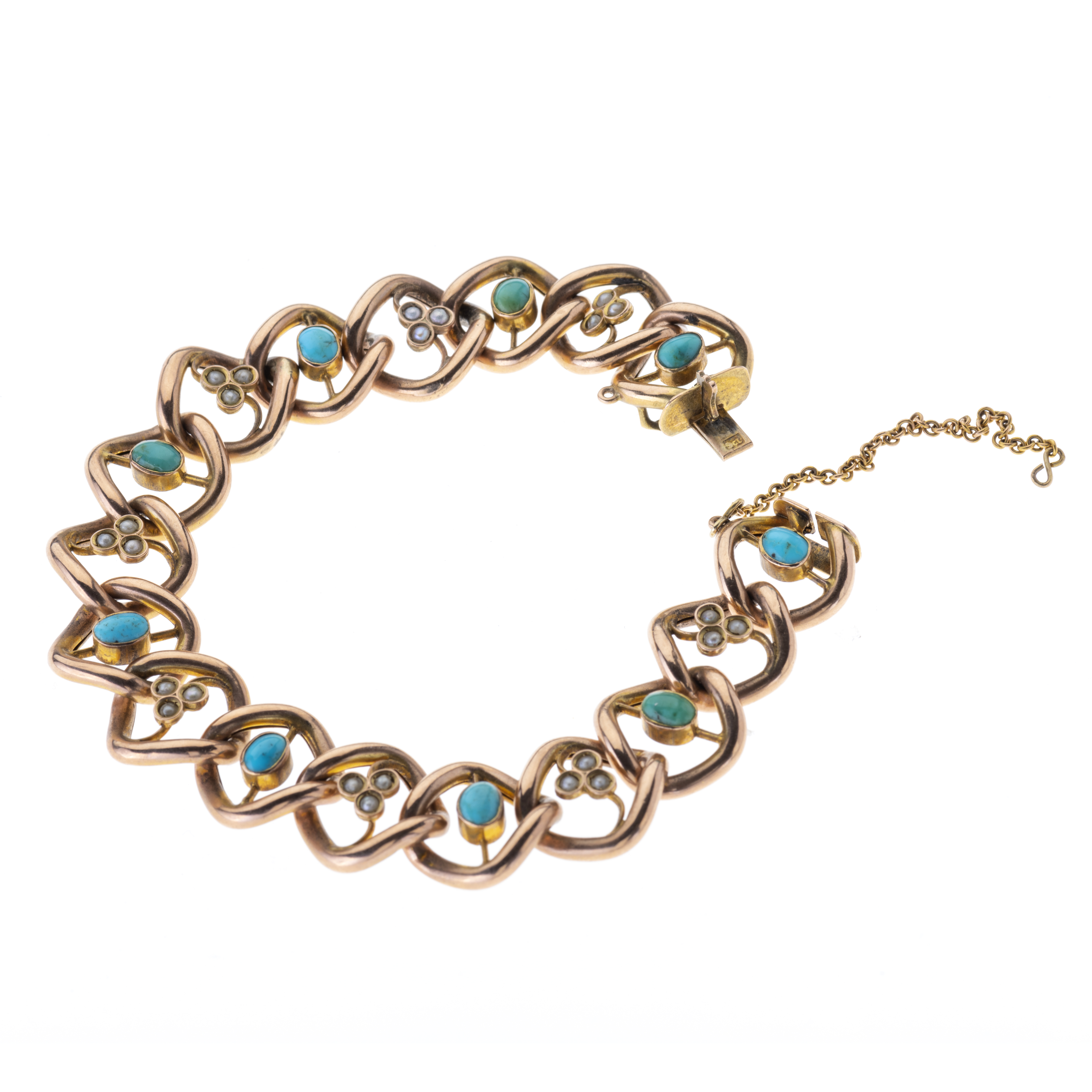 An Edwardian 9ct gold turquoise and split pearl bracelet - Image 2 of 3