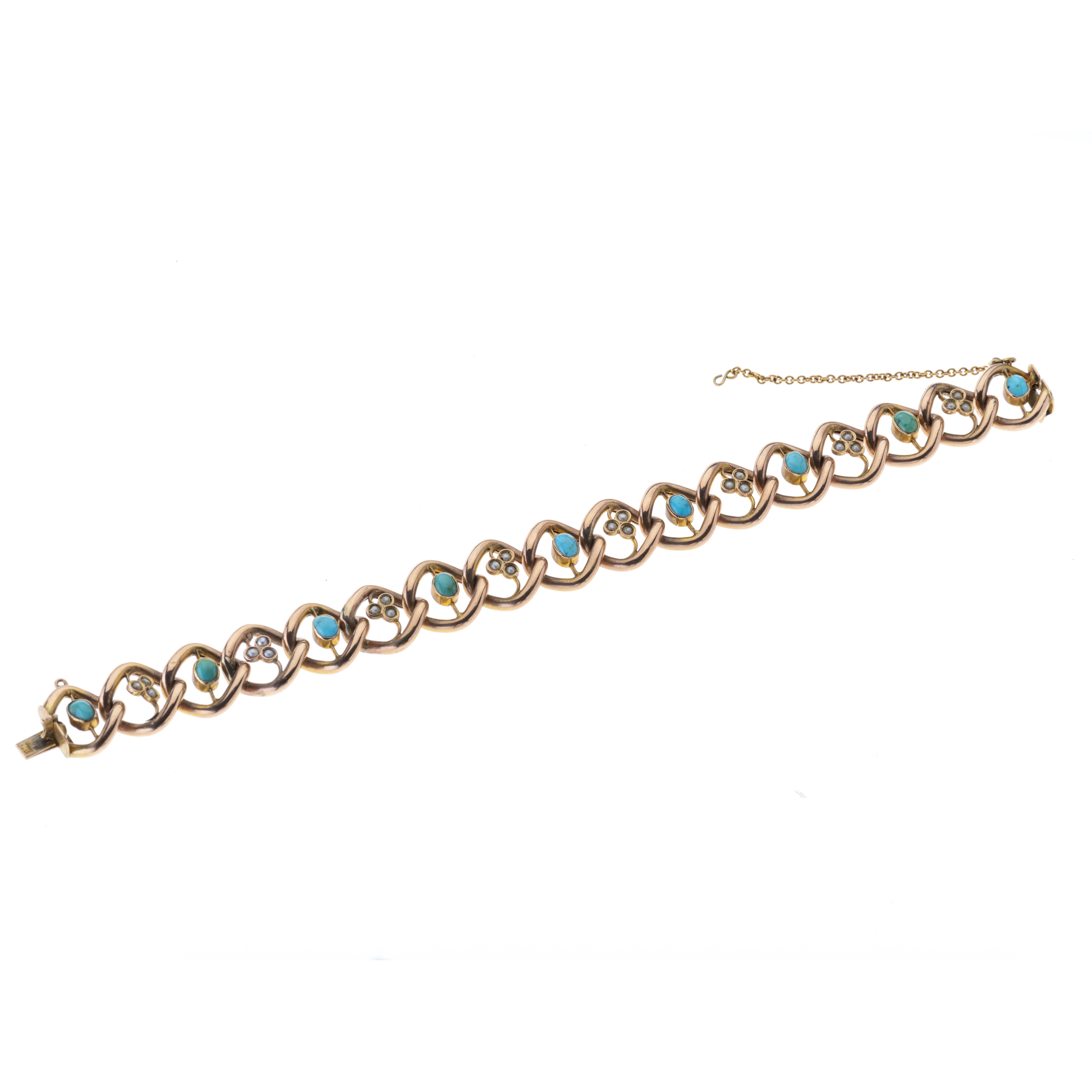 An Edwardian 9ct gold turquoise and split pearl bracelet - Image 3 of 3